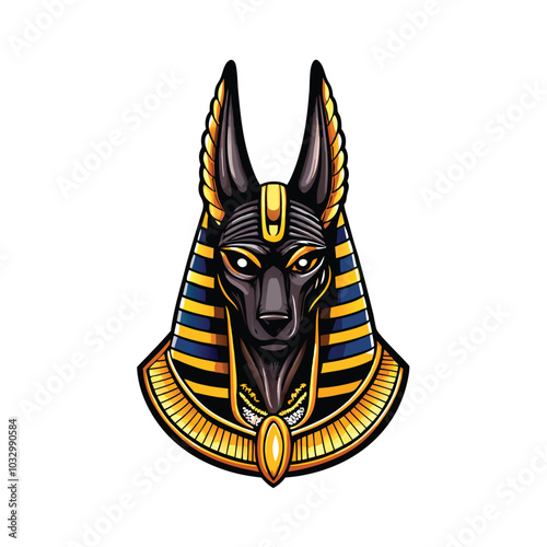 Create a detailed vector illustration of the Egyptian god Anubis, with a black jackal head and golden headdress.