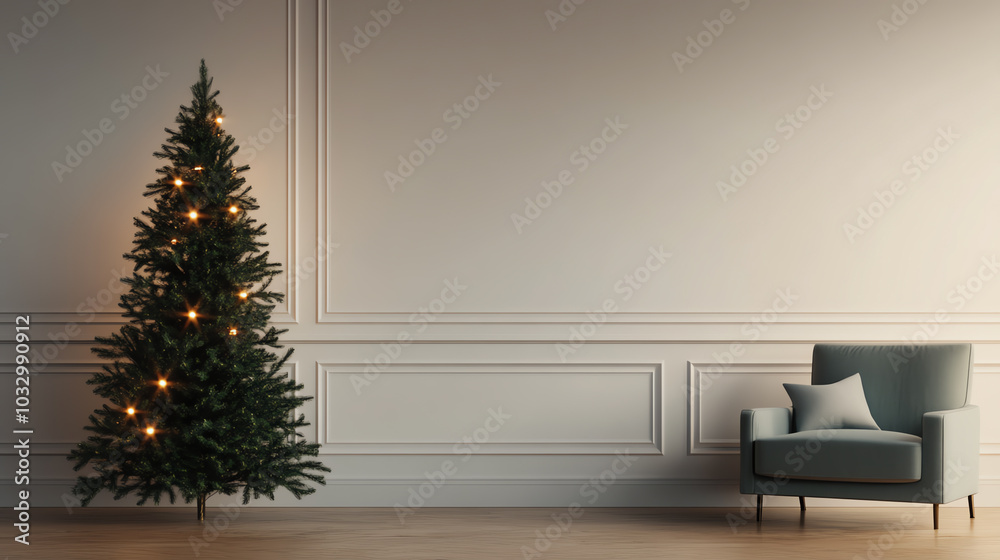 A beautifully decorated Christmas tree with warm lights stands beside a modern sofa in a cozy living room, creating a festive ambiance. A beautifully decorated Christmas tree with warm lights stands beside a modern sofa in a cozy living room, creating a festive ambiance.