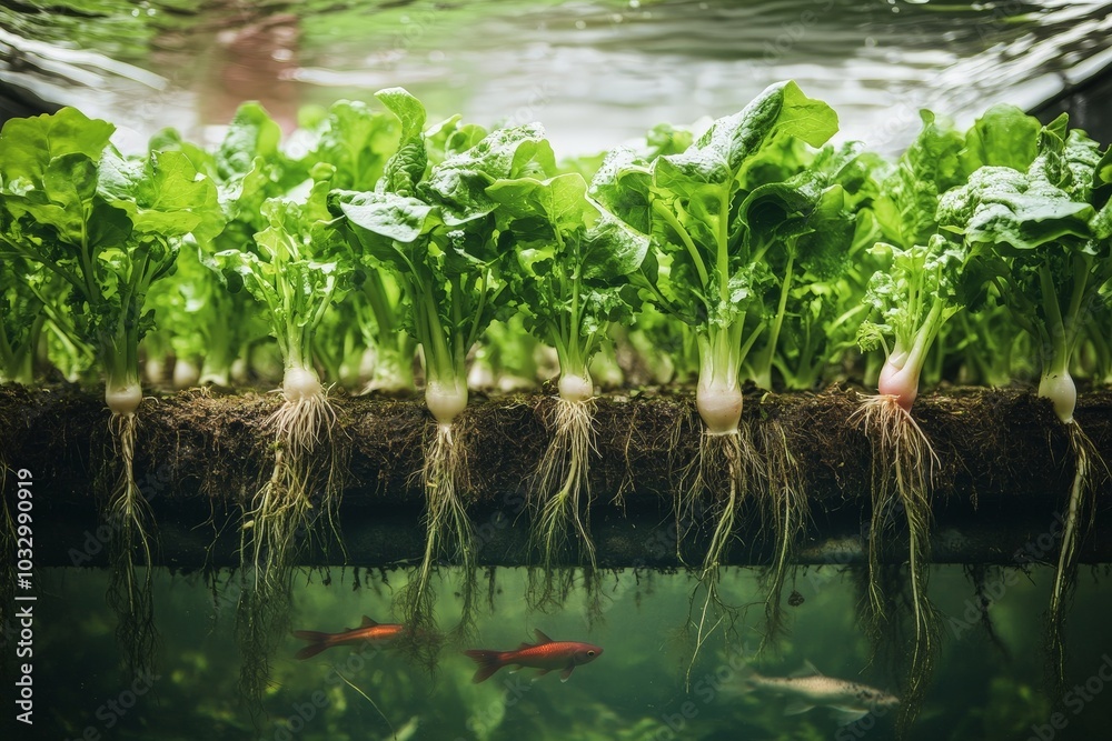 A row of vegetables growing in an aquaponic setup, their roots and the fish below visible in the water A row of vegetables growing in an aquaponic setup, their roots and the fish below visible in the water
