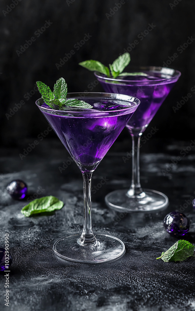 A purple cocktail in martini glasses, garnished with mint leaves and surrounded by scattered blueberries on the table A purple cocktail in martini glasses, garnished with mint leaves and surrounded by scattered blueberries on the table