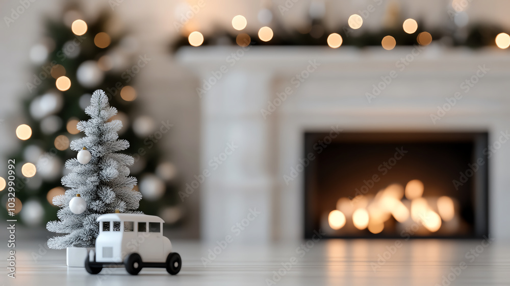 A charming miniature car next to a fluffy Christmas tree and a cozy fireplace, beautifully adorned with warm lights, creating a festive atmosphere.