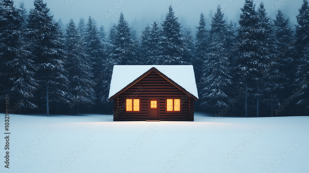 A cozy cabin illuminated at dusk, surrounded by snow-covered trees, creating a serene winter atmosphere. A cozy cabin illuminated at dusk, surrounded by snow-covered trees, creating a serene winter atmosphere.