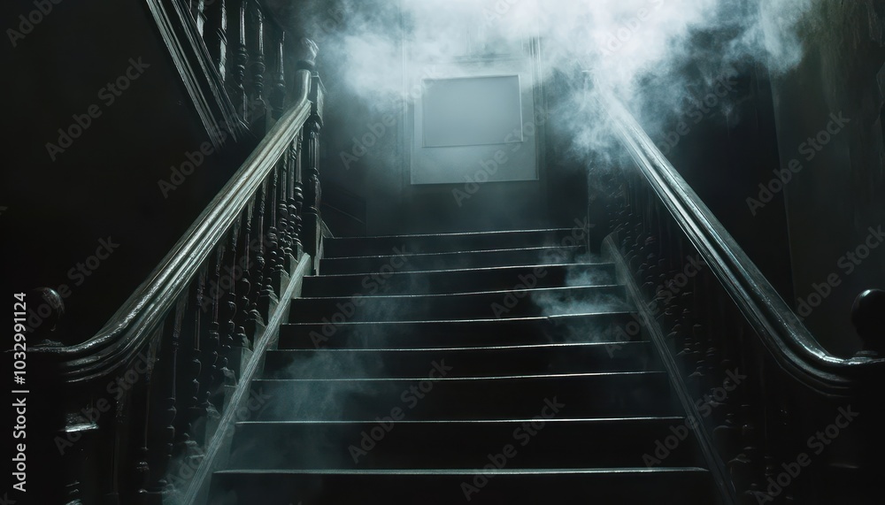 Dark, Foggy Staircase Leading Upward in an Old Building Dark, Foggy Staircase Leading Upward in an Old Building