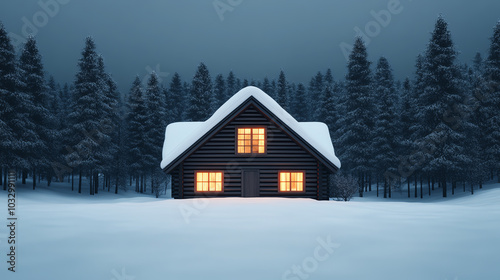 A cozy cabin illuminated in the snowy landscape, surrounded by tall evergreen trees under a moody winter sky, evoking warmth and tranquility.