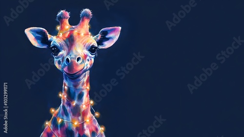 Joyful Giraffe Dressed in Twinkling Fairy Lights on Navy Background photo