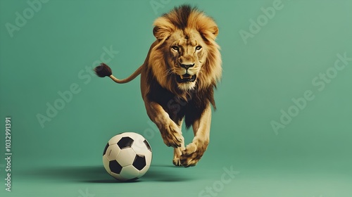 Majestic Lion Deftly Maneuvering Soccer Ball on Lush Green Studio Background