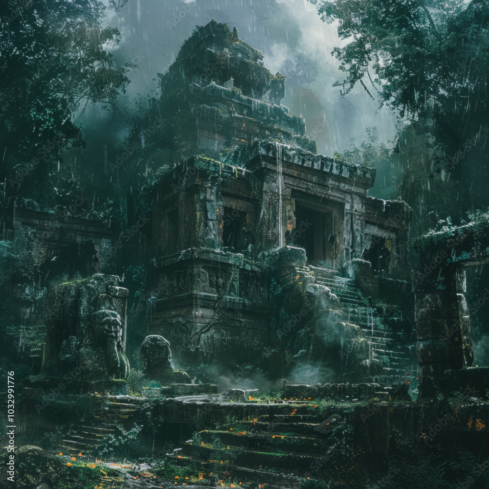 Ancient stone temple in lush rainforest during rainstorm - mystical jungle ruins for adventure design. Blurring images Ancient stone temple in lush rainforest during rainstorm - mystical jungle ruins for adventure design. Blurring images