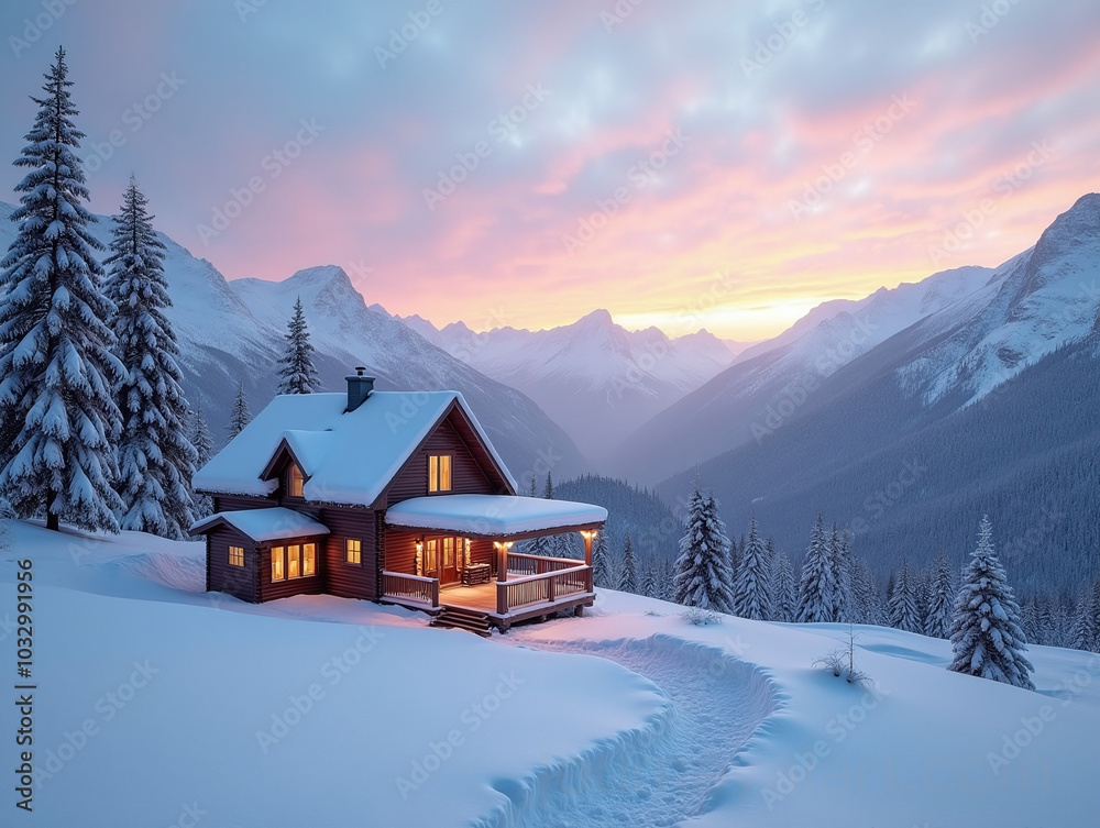 A cozy cabin in a snowy mountain landscape at sunrise A cozy cabin in a snowy mountain landscape at sunrise