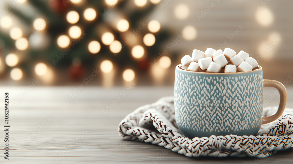 Cozy mug of hot chocolate topped with fluffy marshmallows, placed on a knitted blanket, with festive bokeh lights in the background. Cozy mug of hot chocolate topped with fluffy marshmallows, placed on a knitted blanket, with festive bokeh lights in the background.