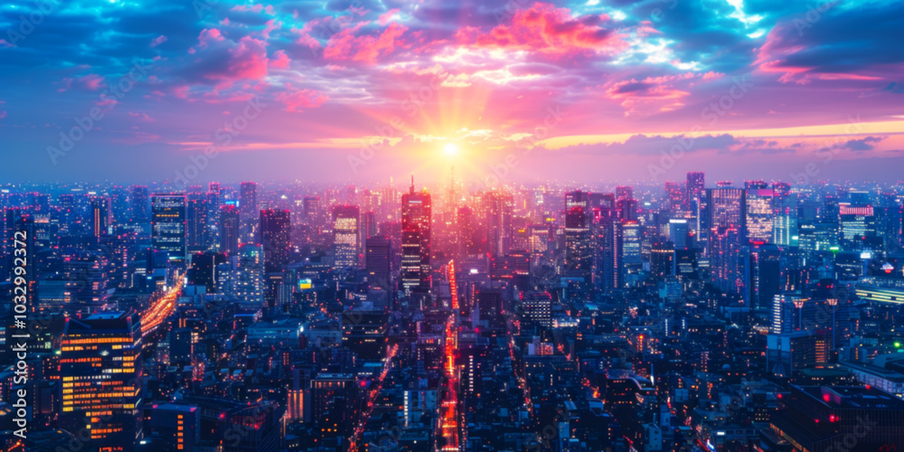 Fototapeta premium Vibrant urban sunset skyline of a bustling cityscape. Blurring images