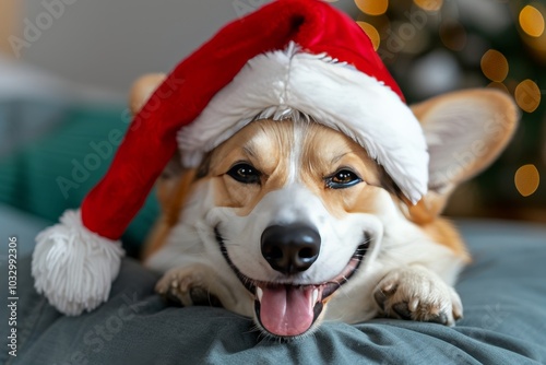 Cheerful corgi in a santa hat  a festive portrait for holiday greetings and new year s joy photo