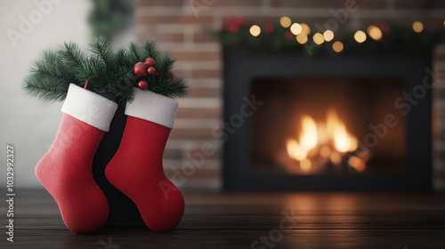 Two festive red Christmas stockings filled with greenery, set against a cozy fireplace ambiance adorned with holiday lights.