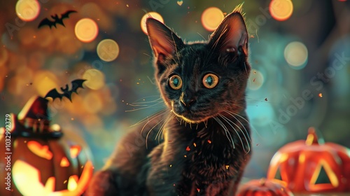 Black Cat with Wide Eyes in a Halloween Setting