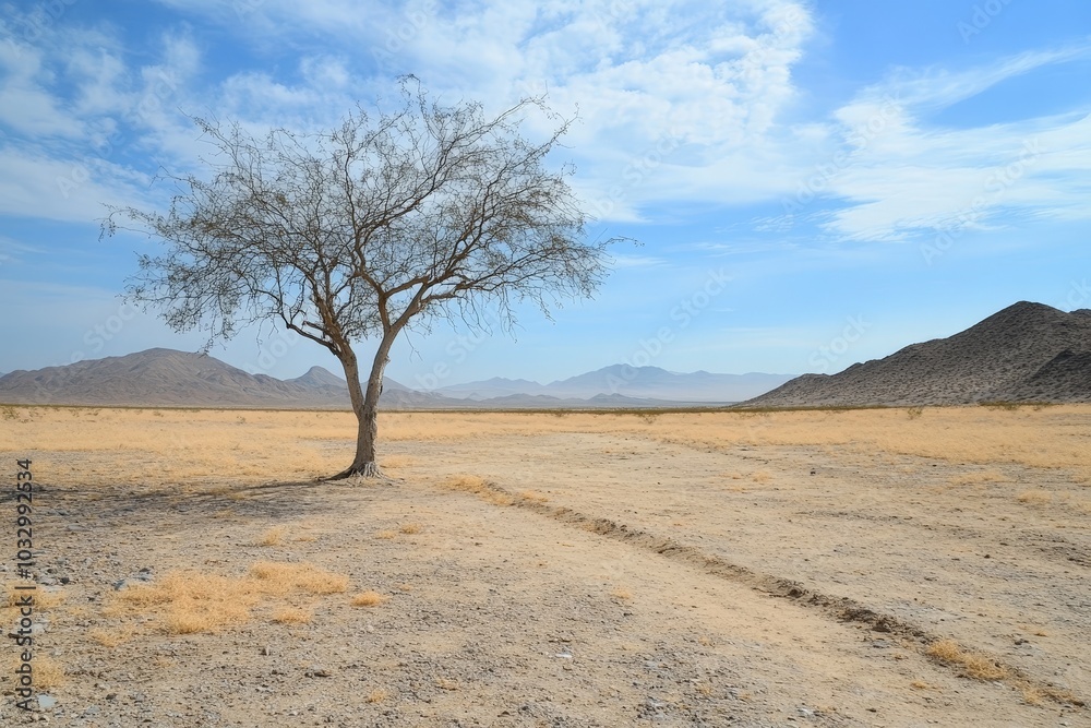 A single drought-resistant tree standing tall in a sun-scorched desert, a testament to adaptability A single drought-resistant tree standing tall in a sun-scorched desert, a testament to adaptability