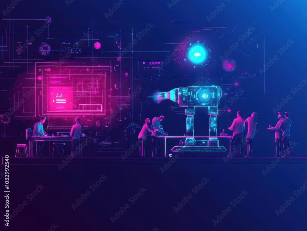 A team of engineers gathered around an AIpowered robot, intricate machine parts, neonlit background, tech noir vibe, highly detailed sketch A team of engineers gathered around an AIpowered robot, intricate machine parts, neonlit background, tech noir vibe, highly detailed sketch