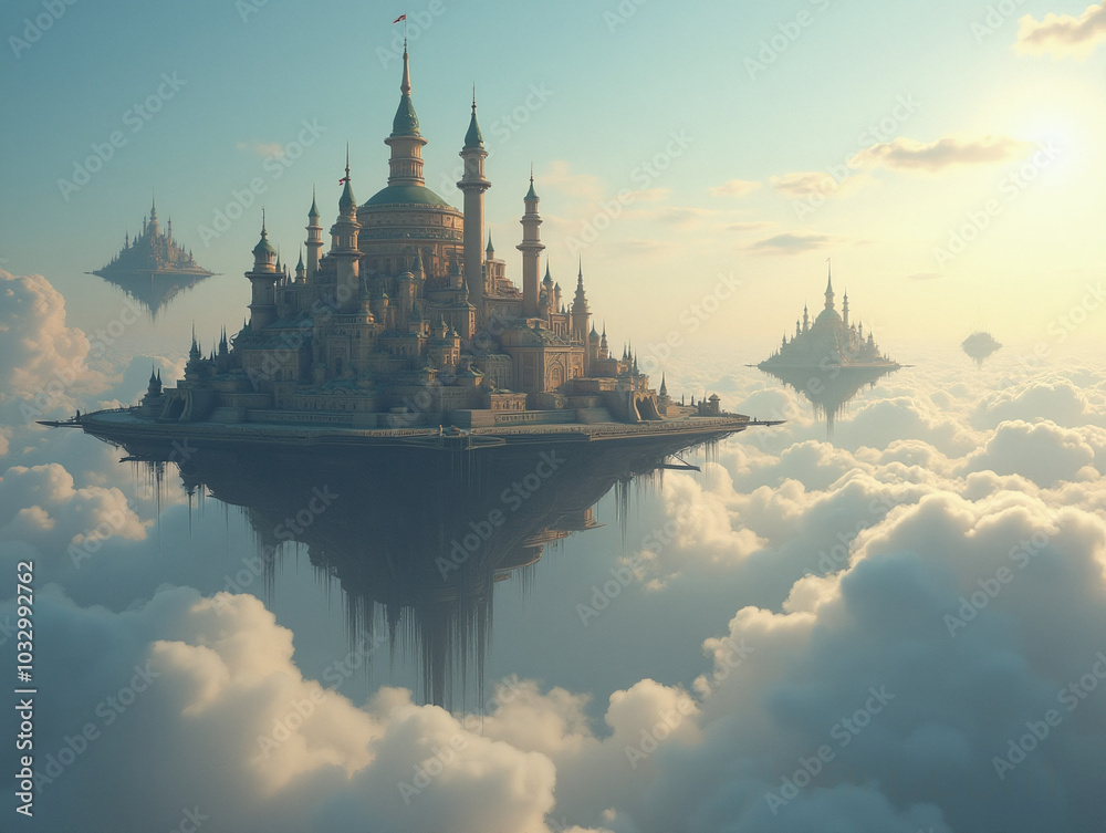 A floating city in the clouds, steampunk-inspired airships hovering nearby A floating city in the clouds, steampunk-inspired airships hovering nearby