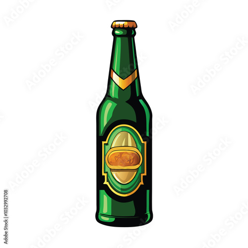 Detailed vector illustration of a green beer bottle with a gold label.