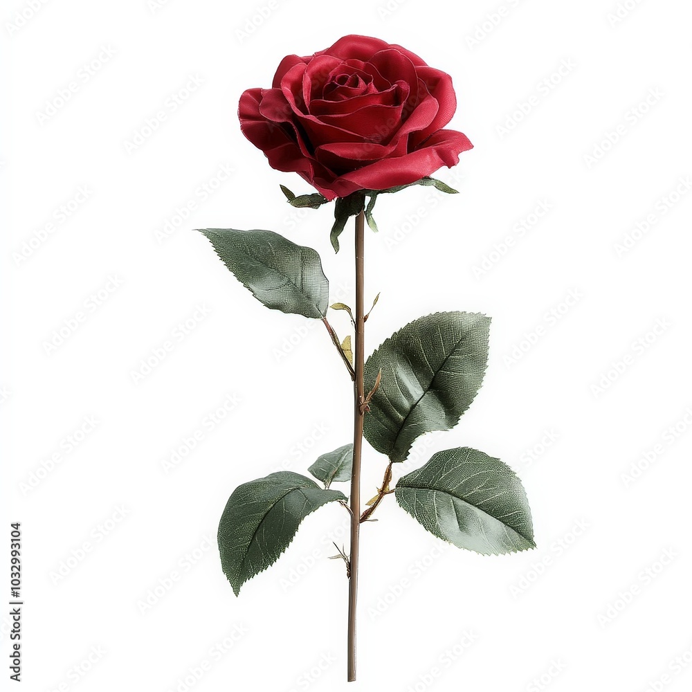 A single red rose with velvety petals, isolated against a white background A single red rose with velvety petals, isolated against a white background