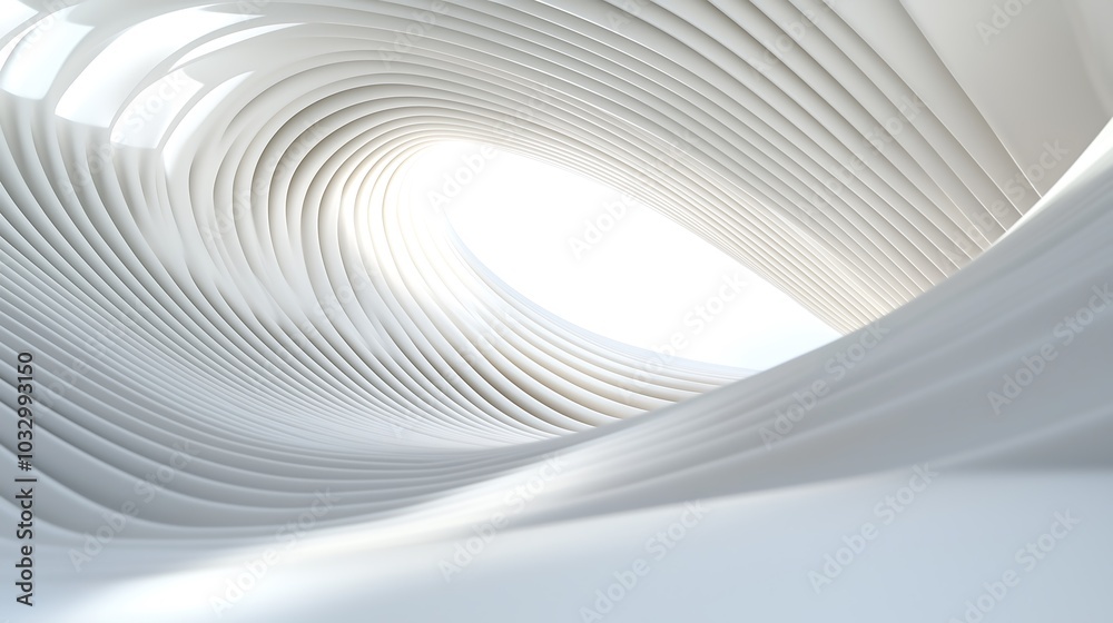 Obraz premium A smooth, flowing white interior design features soft curves and a bright, ethereal light at the end, creating a serene and modern atmosphere.