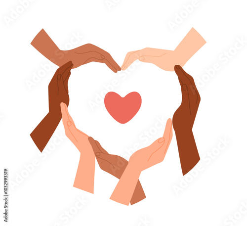 Diverse hands gestures. Palms of multiracial people form heart shape. Symbol of altruism, love, volunteerism and support. Charity and care. Flat vector illustration isolated on white background
