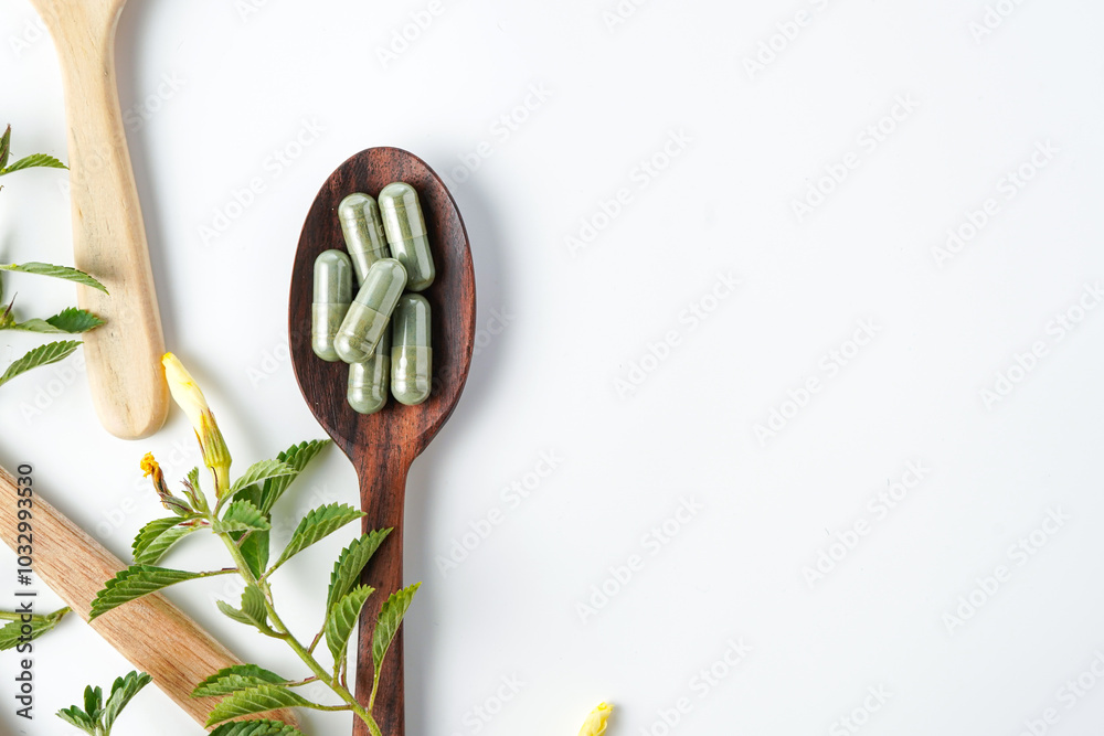 Wooden spoon with assorted herbal vegan vitamin capsules for healthy lifestyle with fresh leaves Wooden spoon with assorted herbal vegan vitamin capsules for healthy lifestyle with fresh leaves