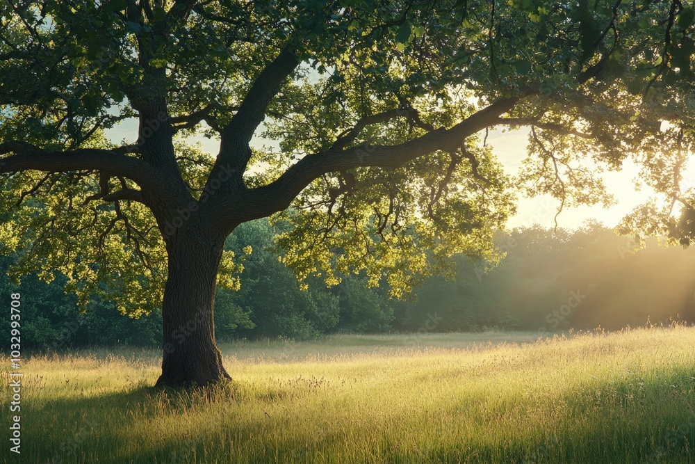 A solitary ancient tree in a serene meadow, its branches creating a wide, protective shade A solitary ancient tree in a serene meadow, its branches creating a wide, protective shade