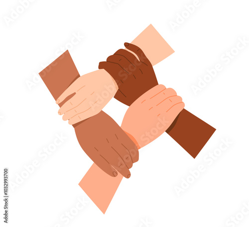 Diverse hands gestures. Palms of group of multiracial people holding each other. Symbol of unity, community, support and business partnership. Flat vector illustration isolated on white background
