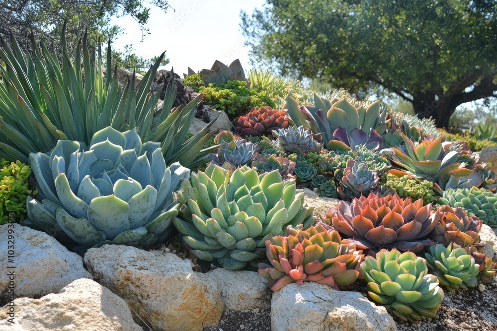 Fototapeta premium A succulent garden with a variety of species, thriving in the sunlight