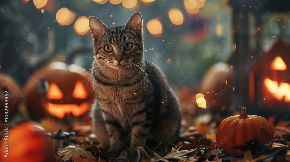Naklejka premium A Tabby Cat Among Jack-o'-Lanterns and Autumn Leaves