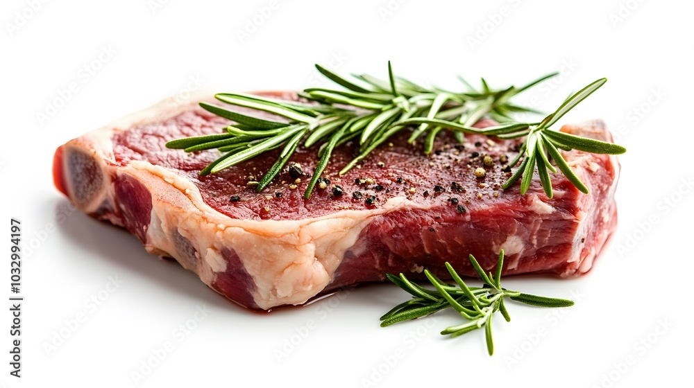 raw beef chop and rosemary on white background. raw beef chop and rosemary on white background.