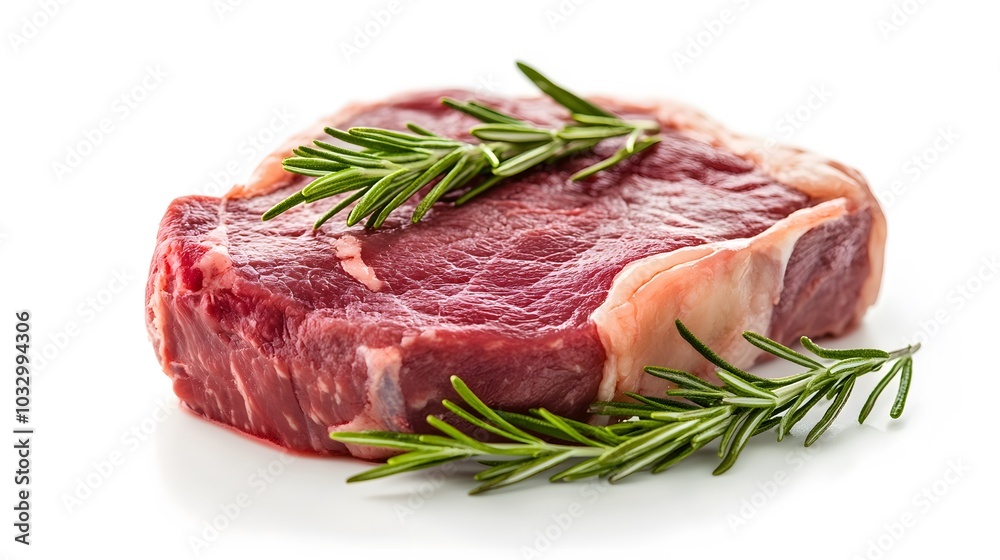 raw beef chop and rosemary on white background. raw beef chop and rosemary on white background.