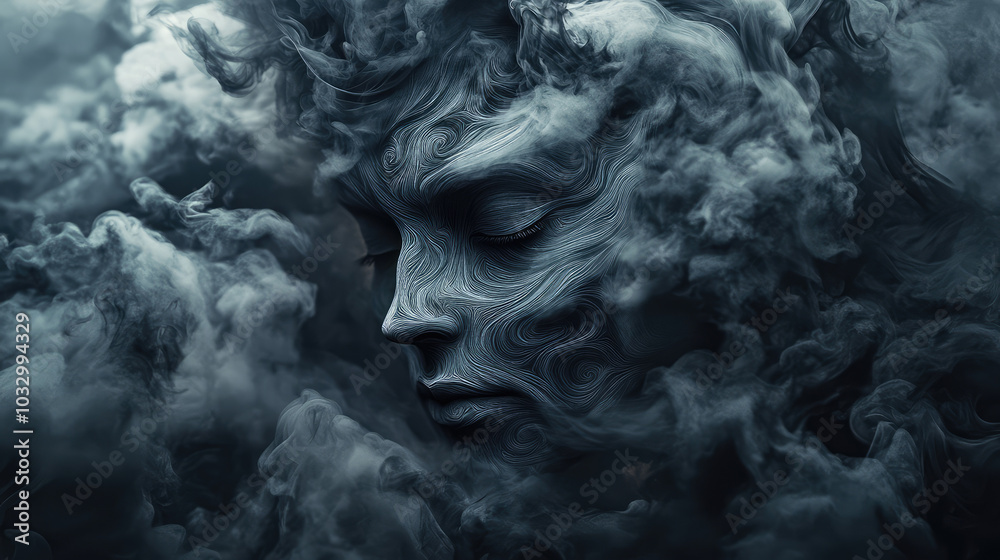 Emerging from a thick fog, a devil is depicted with swirling smoke tendrils and ghostly eyes, its shape indistinct yet menacing in the shadowy atmosphere. Emerging from a thick fog, a devil is depicted with swirling smoke tendrils and ghostly eyes, its shape indistinct yet menacing in the shadowy atmosphere.