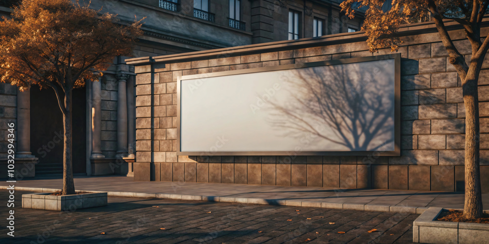 Blank advertising billboard on brick wall with tree shadows. mockup product. No.006