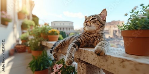 Relaxed Tabby Cat Sunbathing on Rustic Balcony Surrounded by Lush Green Potted Plants and Charming Architectural Scenery - Peaceful Urban Escape with Feline photo