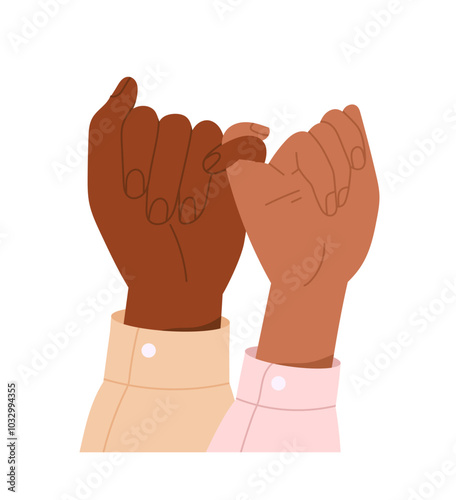 Diverse hands gestures. Palms of Multiracial people held together by their little fingers. Symbol of friendship, care, love and support. Flat vector illustration isolated on white background