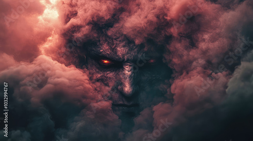 An abstract devil materializes through swirling smoke, its shadowy form shrouded in a haunting atmosphere.