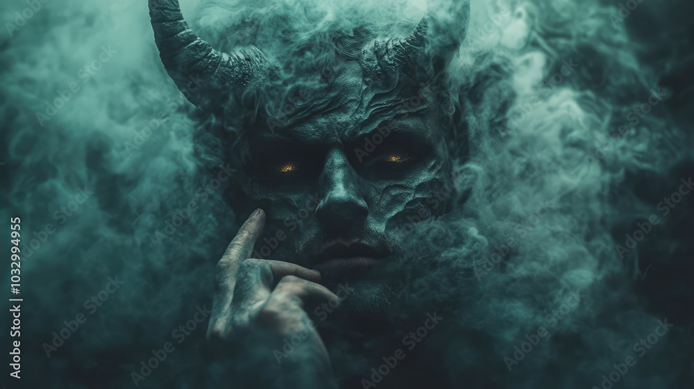 A sinister devil figure is sculpted from dark, curling smoke, featuring sharp, smoky horns that enhance its hazy, otherworldly appearance, creating an unsettling and captivating presence. A sinister devil figure is sculpted from dark, curling smoke, featuring sharp, smoky horns that enhance its hazy, otherworldly appearance, creating an unsettling and captivating presence.