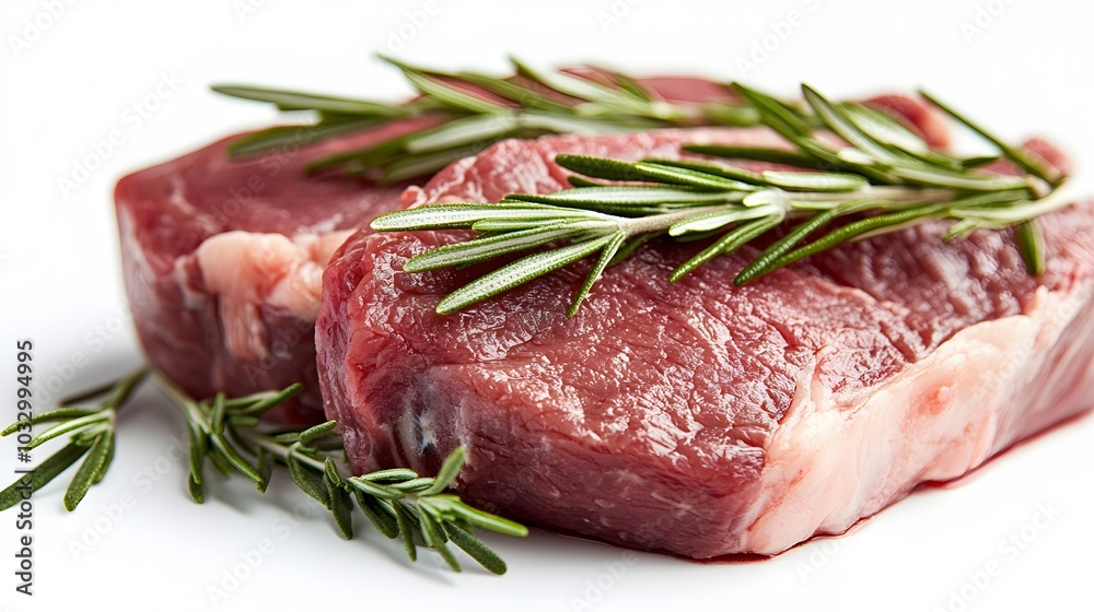 raw beef chop and rosemary on white background. raw beef chop and rosemary on white background.