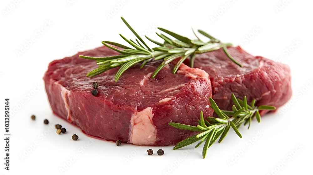 raw beef chop and rosemary on white background. 