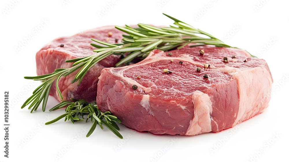 raw beef chop and rosemary on white background. 