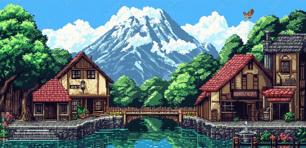 Naklejka premium A 2D Pixel Art RPG Game Level Mountain Village with Bridge, Traditional Houses by a River, and Snowy Mountain in Background in Retro Aesthetic 