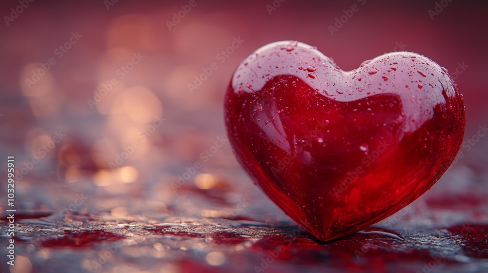Red glass heart with water droplets, romantic setting. Love and affection concept Red glass heart with water droplets, romantic setting. Love and affection concept