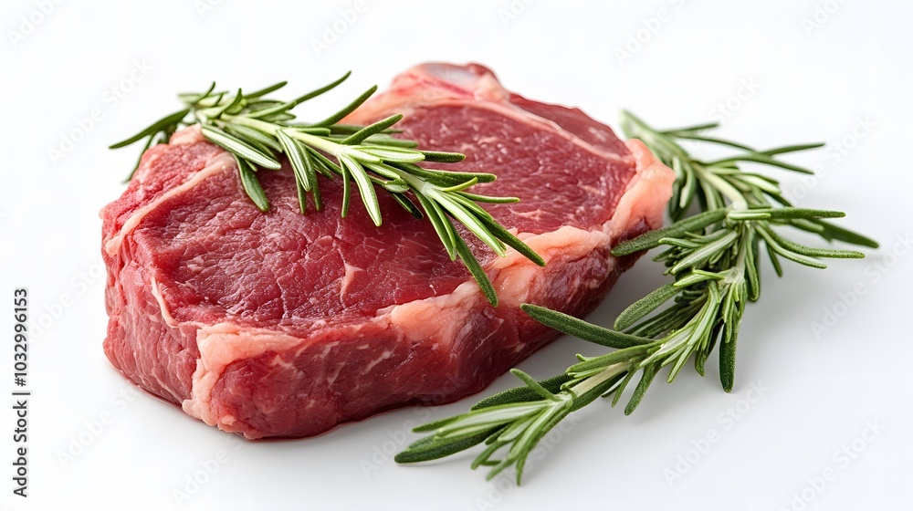 raw beef chop and rosemary on white background. raw beef chop and rosemary on white background.