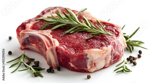 raw beef chop and rosemary on white background. 