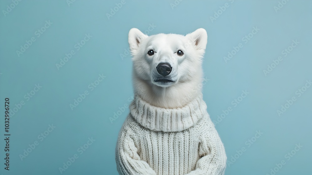 A Cozy Polar Bear Dog Dressed in a Cable Knit Sweater on a Plain Powder Blue Background A Cozy Polar Bear Dog Dressed in a Cable Knit Sweater on a Plain Powder Blue Background