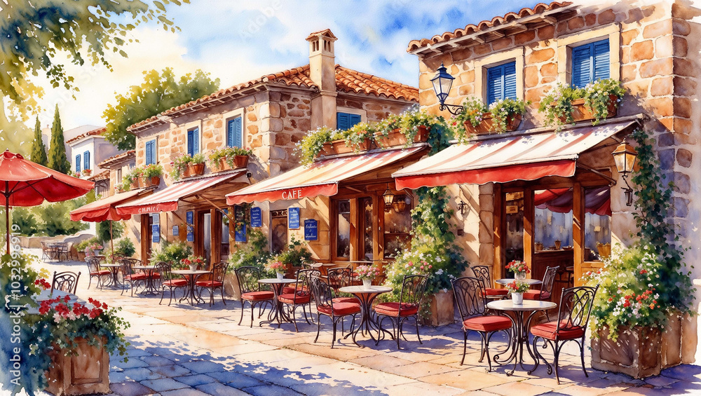 Street cafe in greece watercolor style2 Street cafe in greece watercolor style2