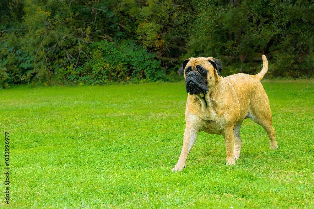Fototapeta premium 2024-10-15 A FAWN COLORED BULLMASTIFF WALKING ACROSS A LUSH GREEN FIELD WITH FOLIAGE IN THE BACKGROUND ON MERCER ISLAND WASHINGTON