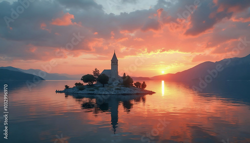 View of a lonely church perching on top of a small island in the Mljet island in Croatia during sunset 