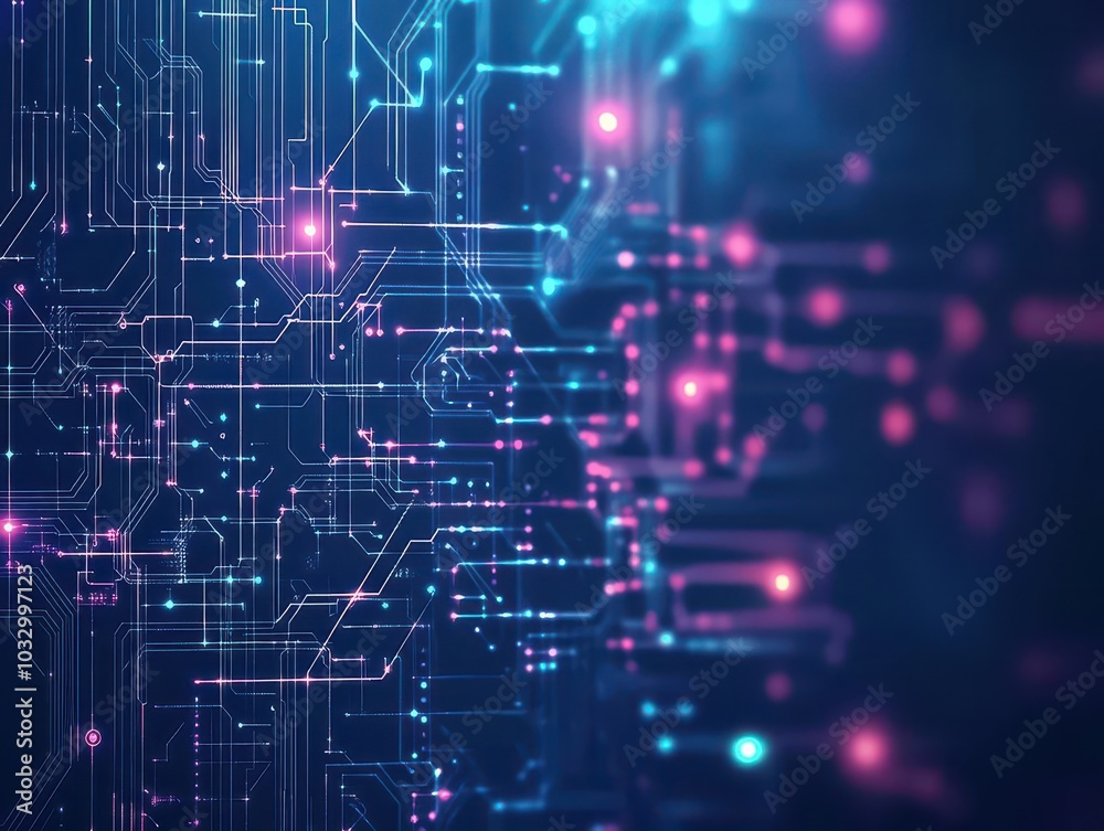Digital circuit network, glowing electronic patterns, abstract tech shapes, dark cyber background, futuristic design
