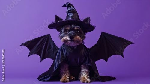 Bat Winged Witch s Dog Dressed in Halloween Costume on Purple Background photo